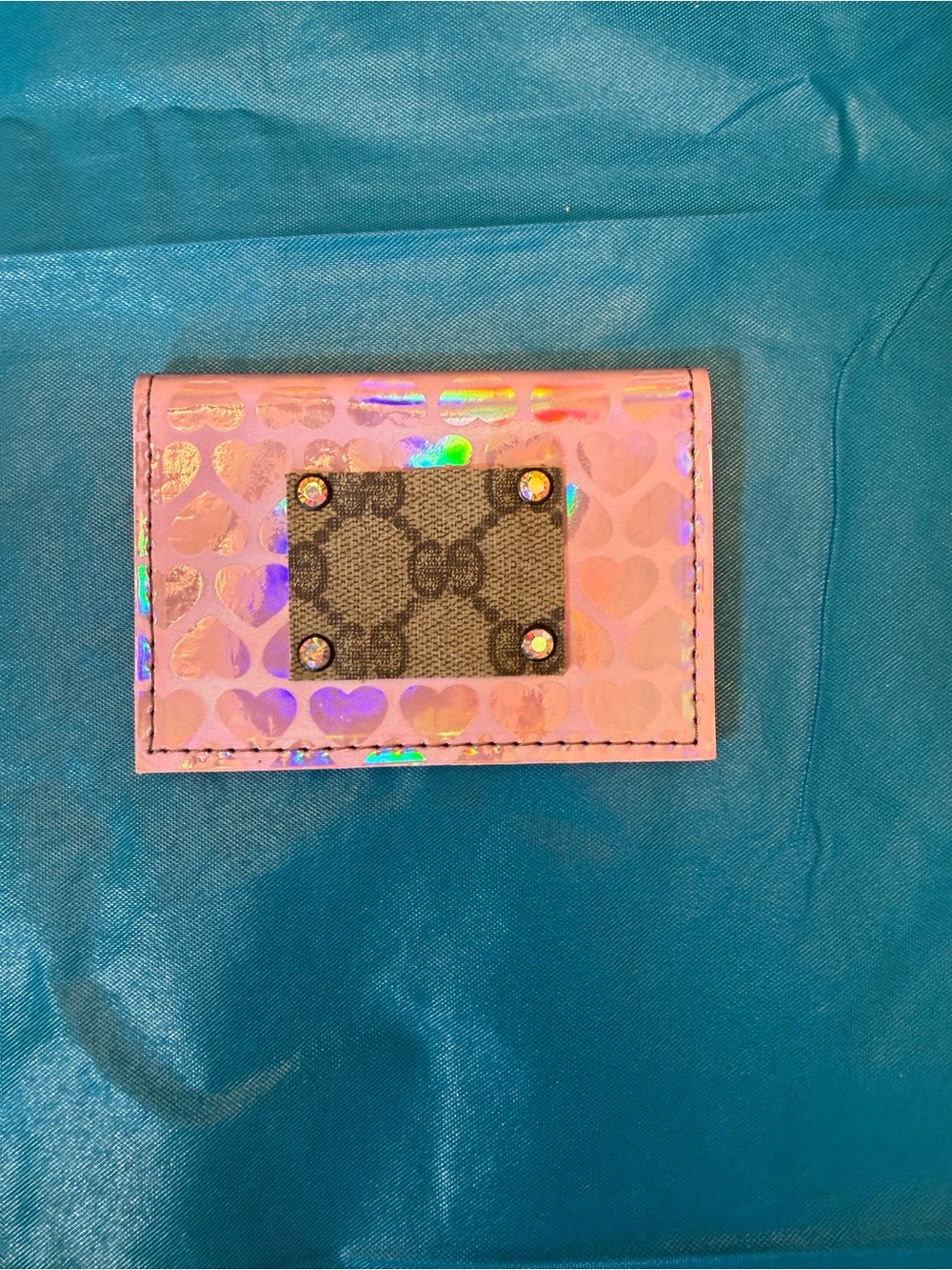 Pink Holographic Heart Card Wallet with Logo Patch